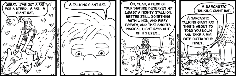 For the record, this comic is not meant to represent rats in general as unpleasant creatures. Rats in general are intelligent, social animals that can be friendly and affectionate pats. But, just like some humans, some rats are jerks. Comic strip for September 22 2023.