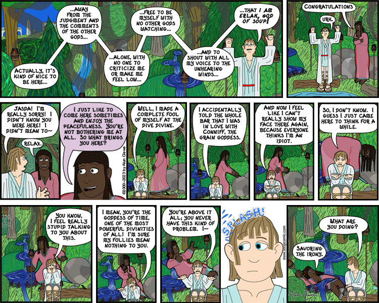 Could she just have used her divine powers to teleport the boulder or something? Eh, sure, I guess, but that would have been a copout. Comic strip for October 8 2023.