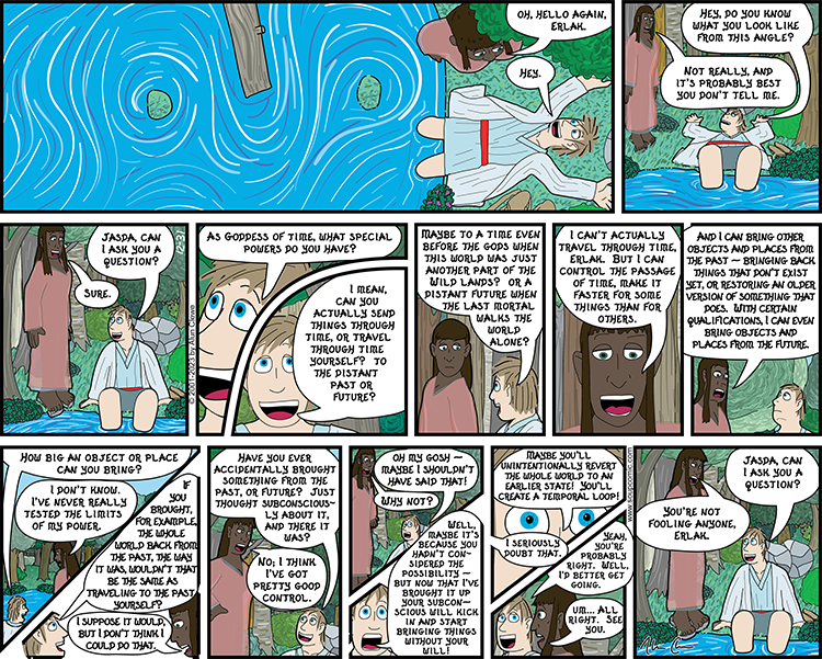 Okay, Erlak, as god of soup, what powers do YOU have? Aside from... making soup appear out of nowhere, which we've seen you do several times. Comic strip for December 31 2023.