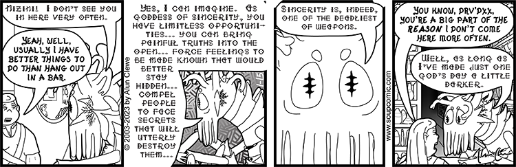 You can't compel an evil demon to serve as your bartender and expect him to stop being evil. Well, okay, you CAN, but you're likely to be disappointed. Comic strip for January 15 2024.