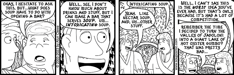 "In three thousand years, we'll look back on this and laugh..." Comic strip for February 7 2024.