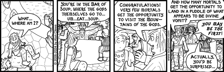 Apparently I came up with two punchlines and couldn't decide which one I liked better, so I gave one to Erlak and one to Lambor. Comic strip for April 17 2024.